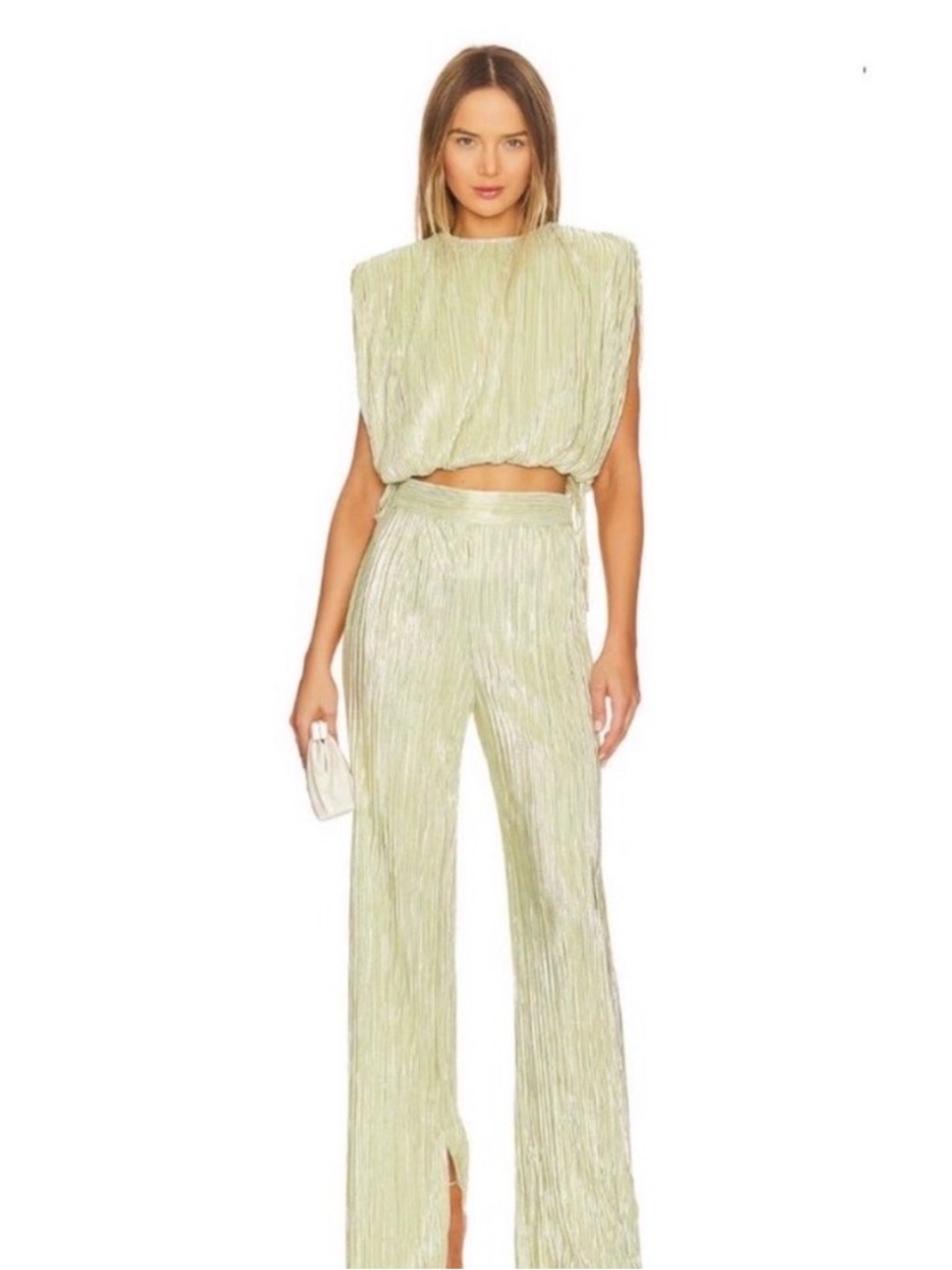 Sabina Musáyev Pleated Wide-Leg Pant in Pale Lime XS